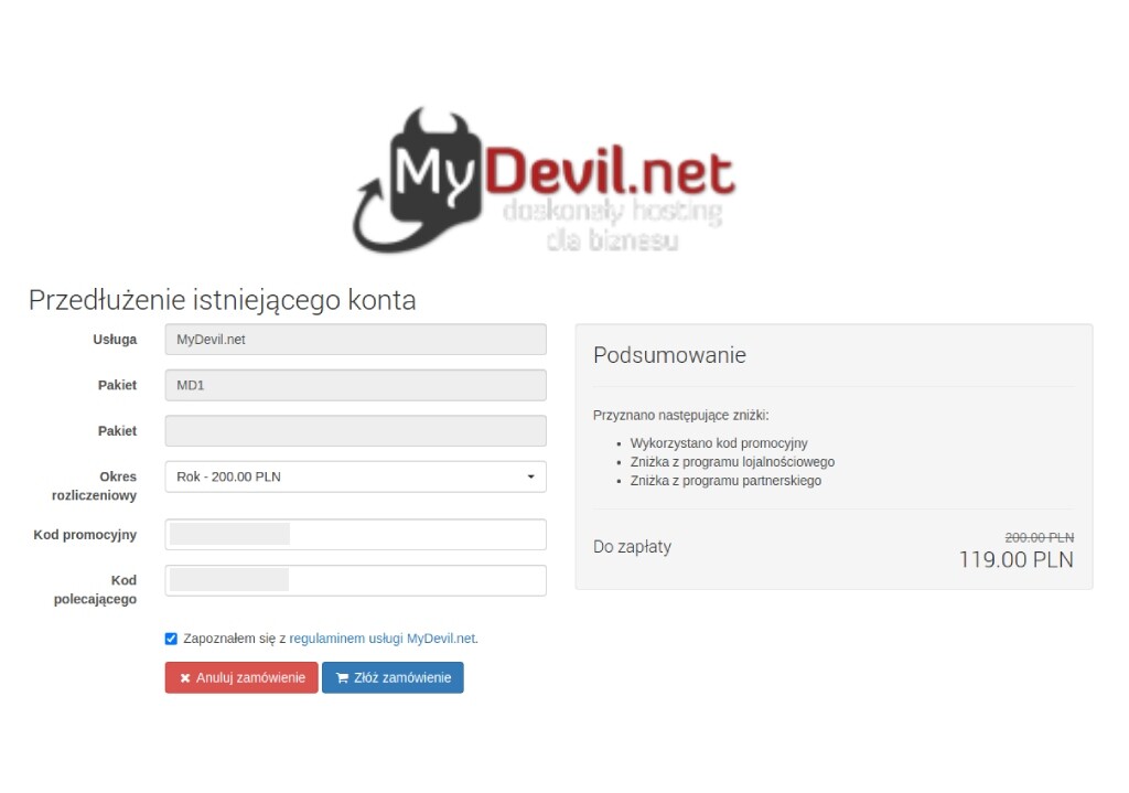 Promocja na hosting mydevil (promocja łączy się z programem partnerskim oraz można użyć jako przedłużenie konta)